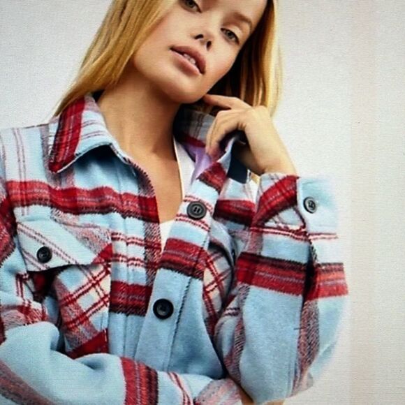 Free People We the Free Down for You plaid Shirt Jacket Fleece Size Medium Blue - Picture 2 of 15